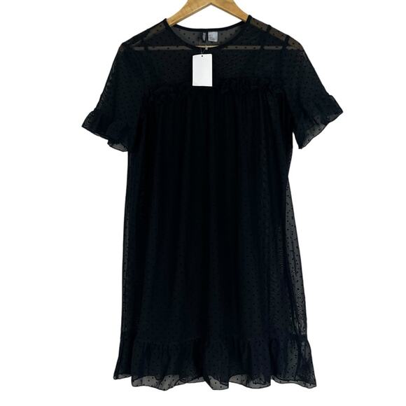 NWT H&M Mini Dress Womens 4 Black Mesh Polka Dot Ruffle Whimsigoth Coquette - Picture 1 of 6